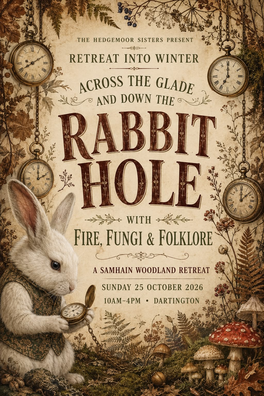 Event poster: Retreat Into Winter, Across the Glade and Down the Rabbit Hole, with Fire, Fungi and Folklore, a Samhain woodland retreat in Dartington