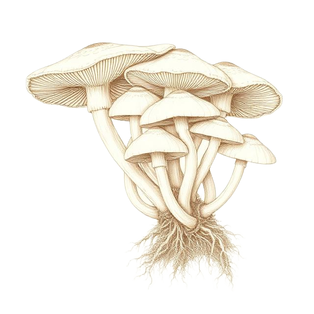Antique line illustration of a cluster of woodland mushrooms