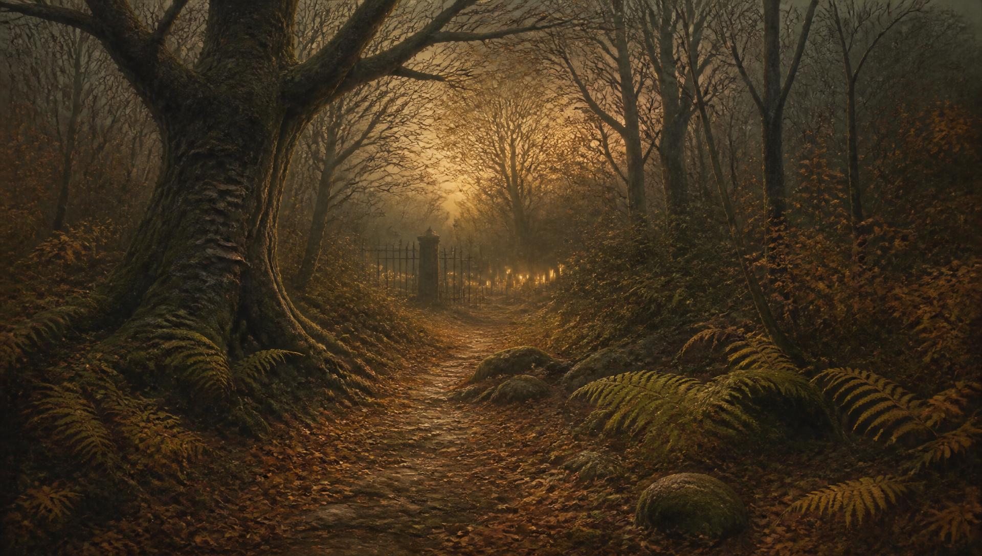 Candlelit woodland path through autumn leaves and ferns at dusk